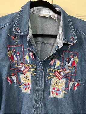 Bobbie Brooks Nautical Embroidered Decorated Short Sleeve Denim Button Down